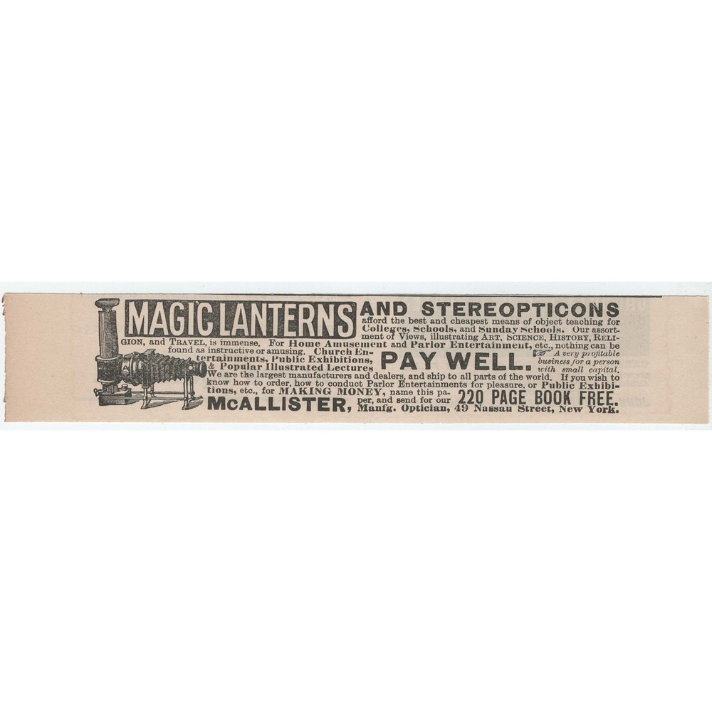 1891 McAllister Magic Lanterns Stereopticons Vintage Print Ad New York Optician - Picture 1 of 1